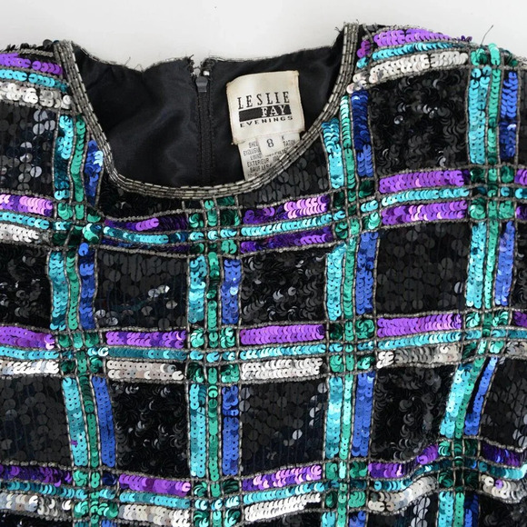 Leslie Fay Black w Purple Teal Sequin Evenings Short Sleeve Shift  Midi Dress 8 - Picture 12 of 13
